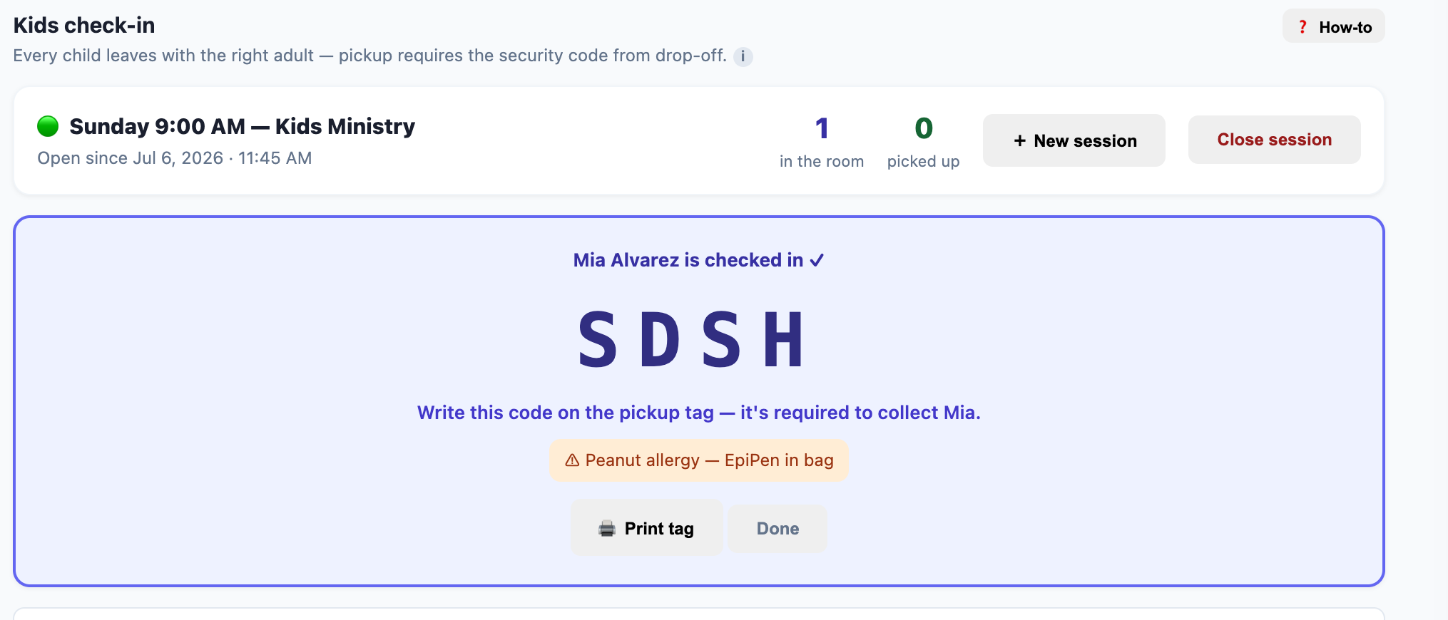 Kids check-in screen with an open Sunday session, families, pickup codes, and allergy flags