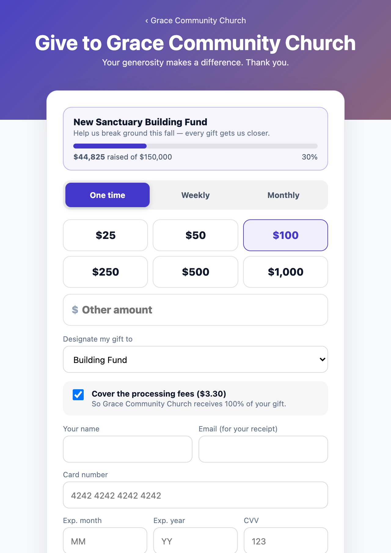 A branded church giving page with campaign progress, one-time / weekly / monthly options, fund designation, and cover-the-fees