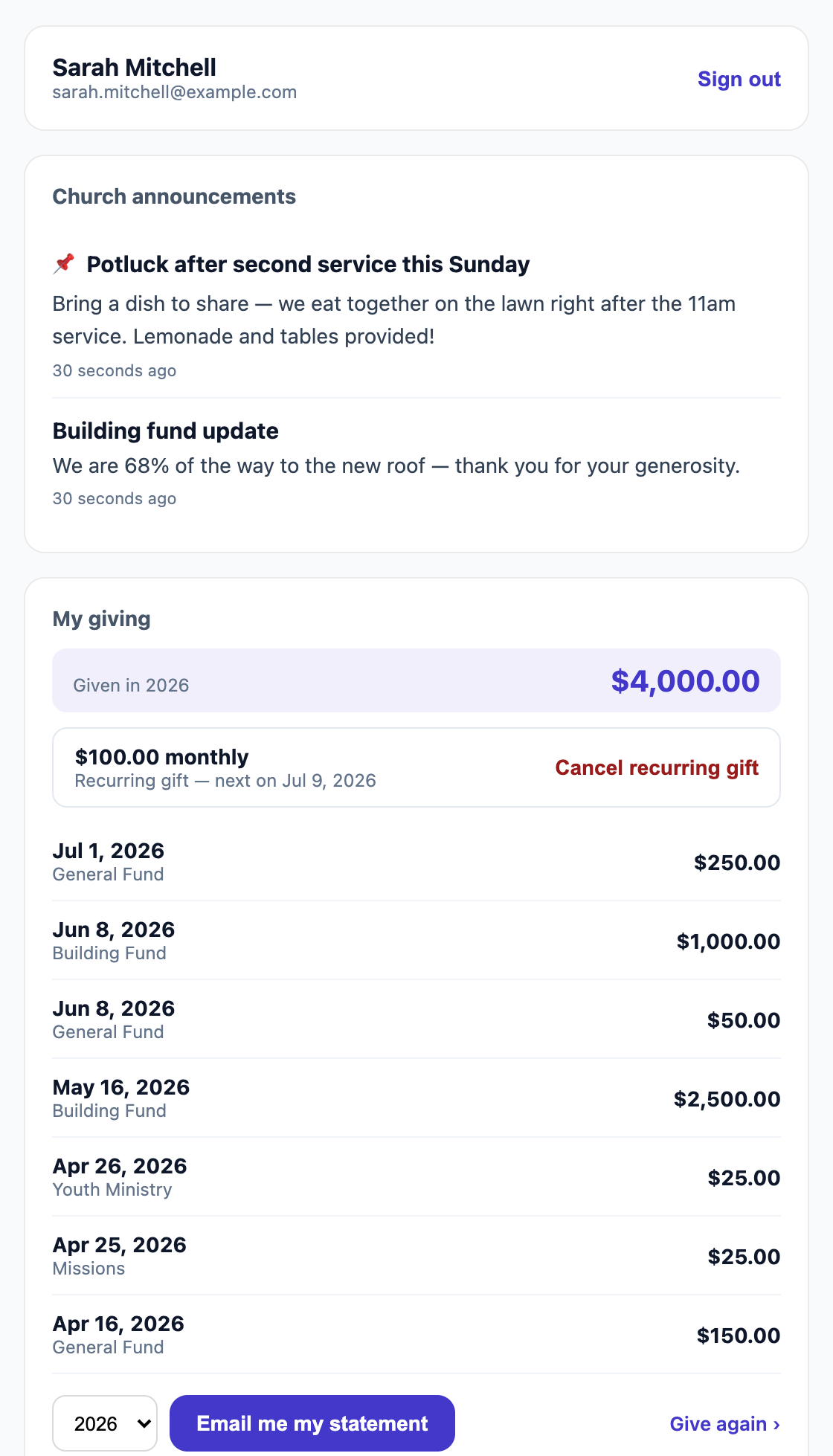 Member portal with giving history, recurring gift management, and statement download