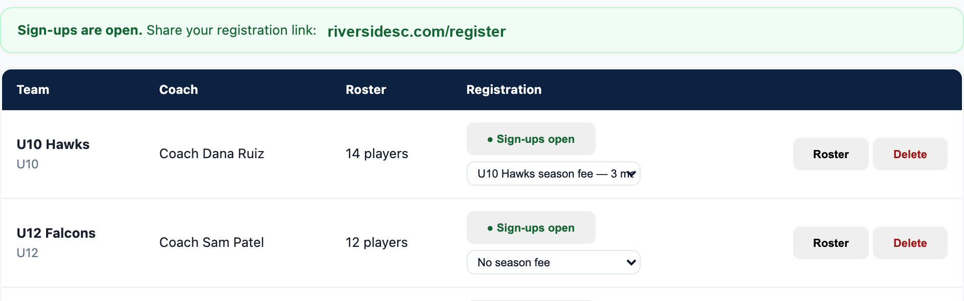 Club admin showing teams, open sign-ups, and a 3-monthly-payment season fee plan